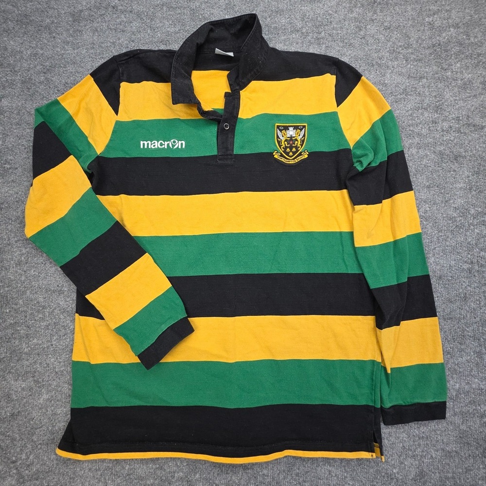 Northampton Saints Macron Rugby Shirt Men's 5XL Green Yellow Stripe Long Sleeve
